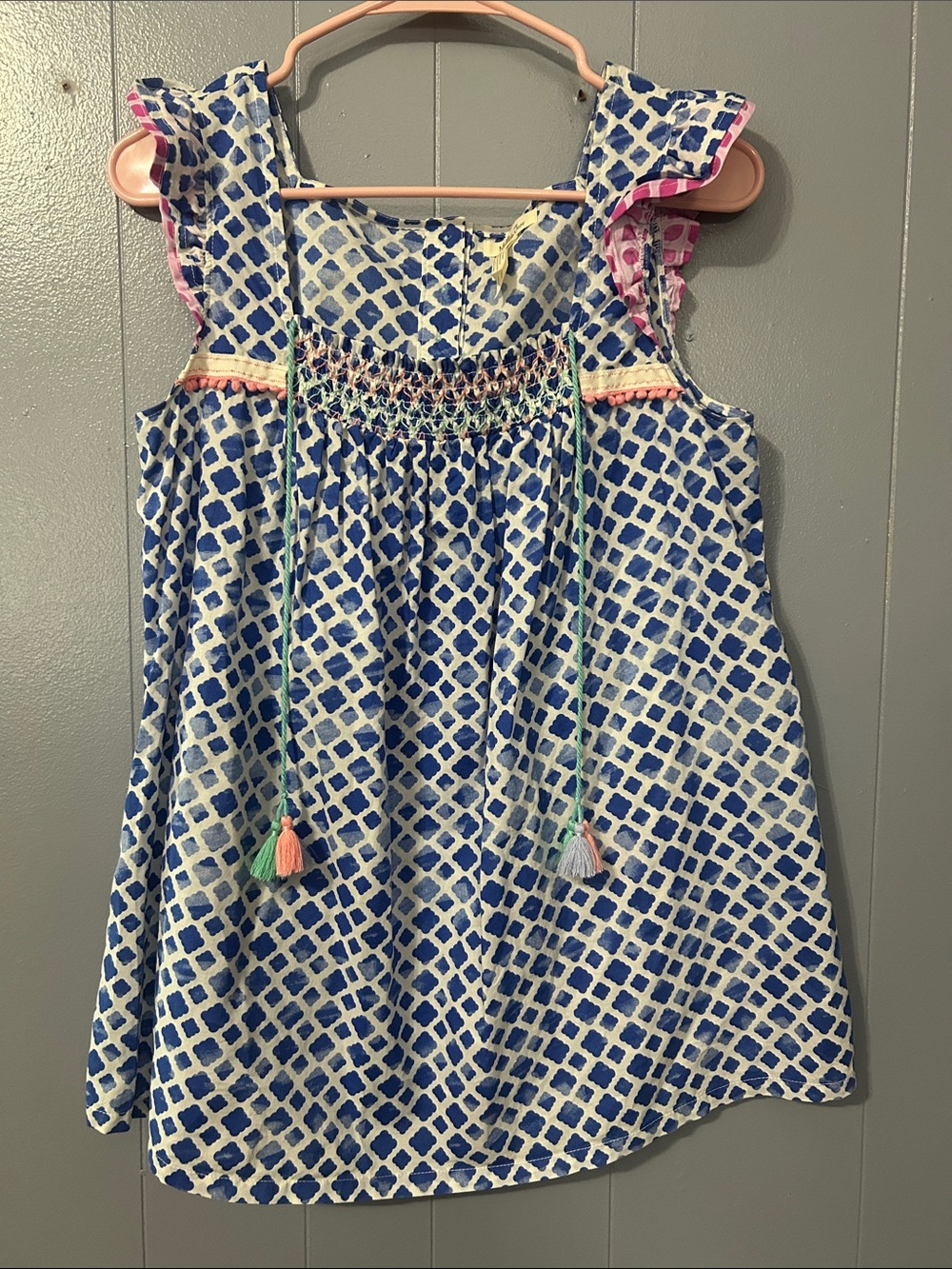 Matilda Jane Blue and Pink Geometric Smocked Tank with Tassels